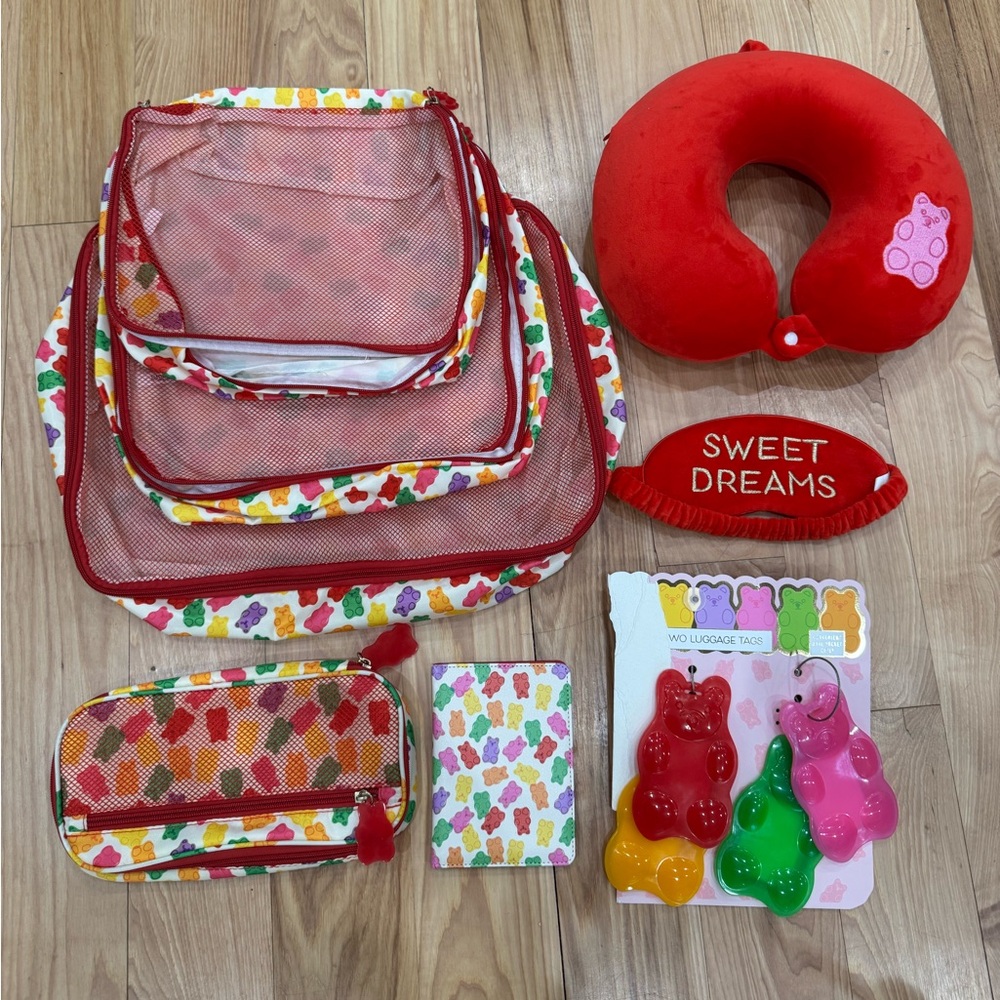 11 Piece Colorful Gummy Bear Travel Accessory Set with Neck Pillow NWOT